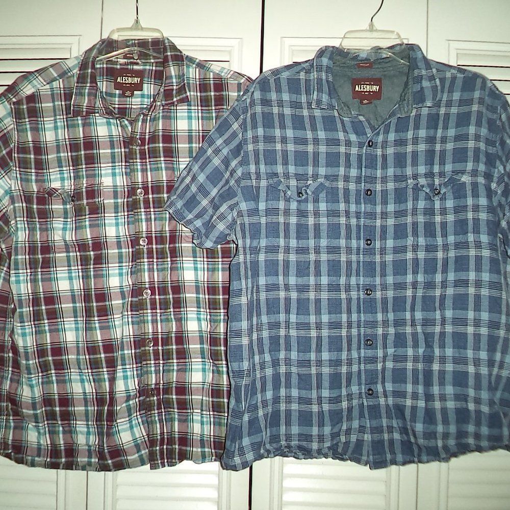 X2 ALESBURY BUTTON UP SHORT SLEEVE SHIRTS BLUE PLAID LINEN-MENS SIZE XL SHORT
